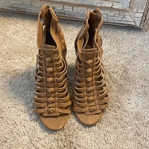 Light brown faux leather strappy heels